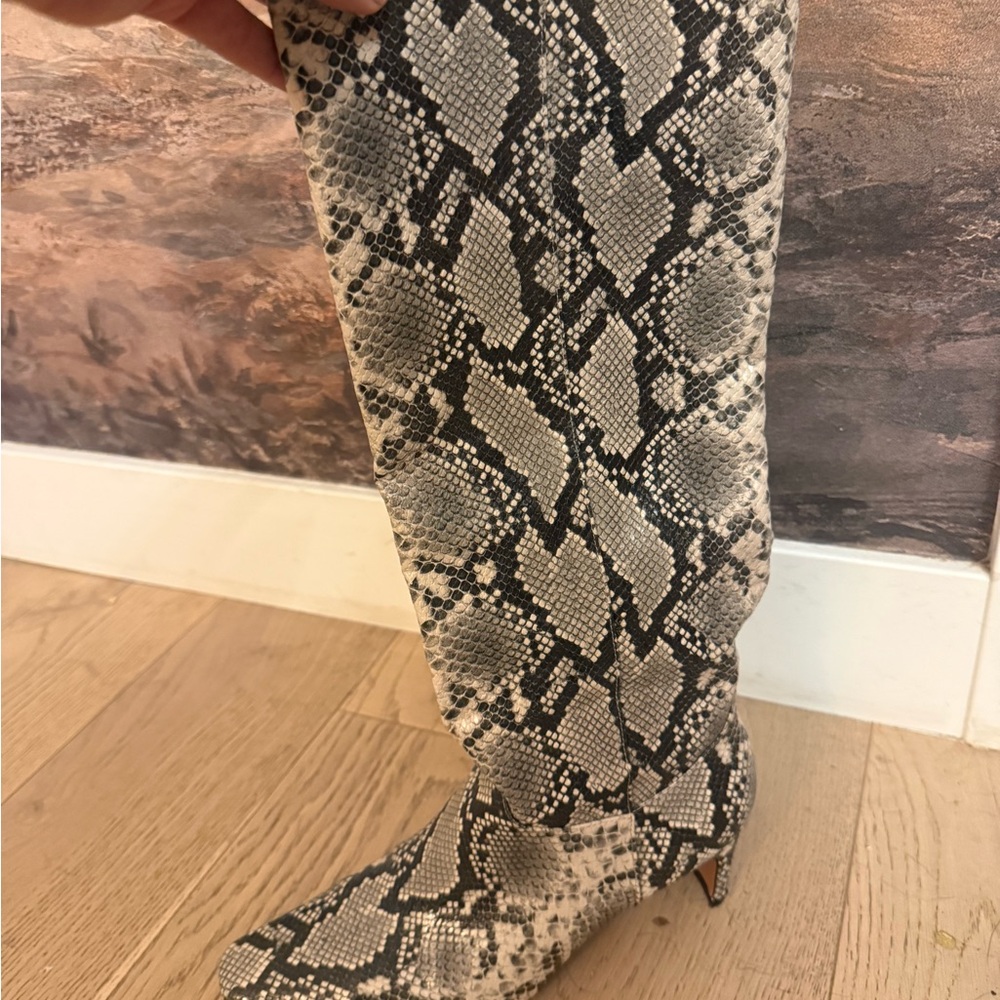 Aqua Snake Print Knee-High Stiletto Boot in Black & Cream